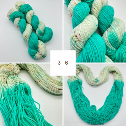 Handgefärbte Sockenwolle,  "Spring in aqua", 4-fach Wolle, 100 g, Nr. 36