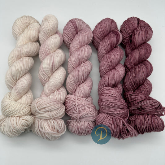 Fade Set, handgefärbte Wolle, 4-fach, 5 Stränge je 100g, F6
