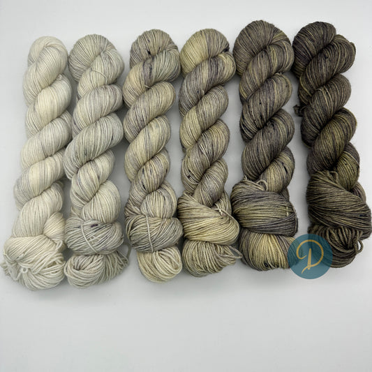 Fade Set 4-fach, handgefärbte Wolle, 6 Stränge x 100g, Nr. F9
