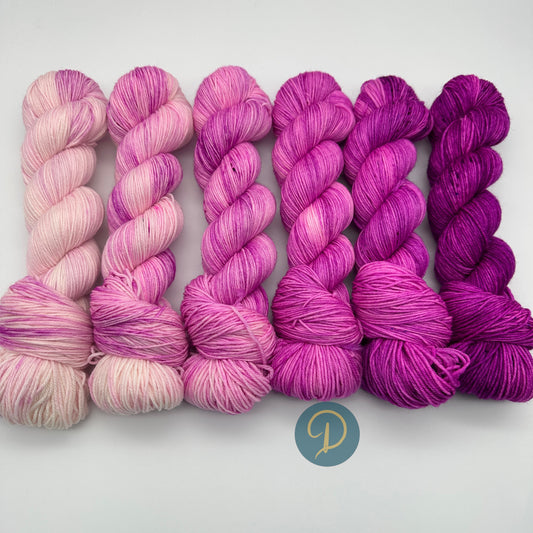 Fade Set, Handgefärbte Wolle, 4-fach, 6 Stränge x 100g - F1